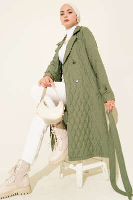 Pazarium - Kuşaklı Kapitone Kap Haki