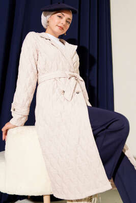 Pazarium - Kuşaklı Kapitone Kap Bej