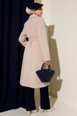 Kuşaklı Broş Detaylı Kaşe Kaban Bej - Thumbnail