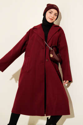 Pazarium - Kruvaze Yaka İki Düğmeli Detaylı Kaşe Kaban Bordo