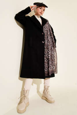 Pazarium - Kruvaze Yaka İki Düğmeli Detaylı Kaşe Kaban Siyah