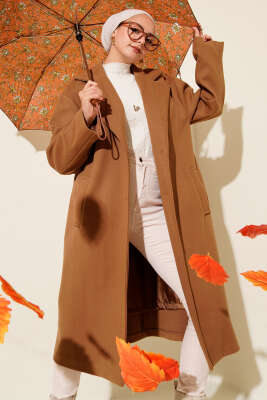 Pazarium - Kruvaze Yaka İki Düğmeli Detaylı Kaşe Kaban Taba