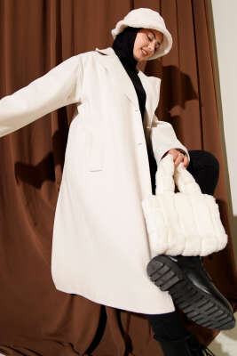 Pazarium - Kruvaze Yaka İki Düğmeli Detaylı Kaşe Kaban Taş 