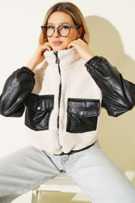 Pazarium - Deri Garnili Cepli Peluş Mont Siyah Bej