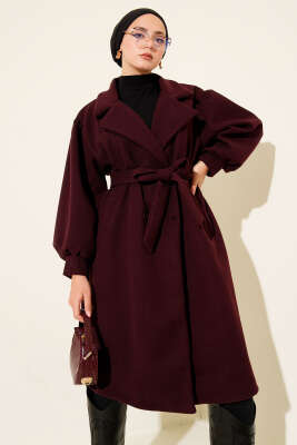 Balon Kol Düğmeli Kaşe Kaban Bordo - Thumbnail