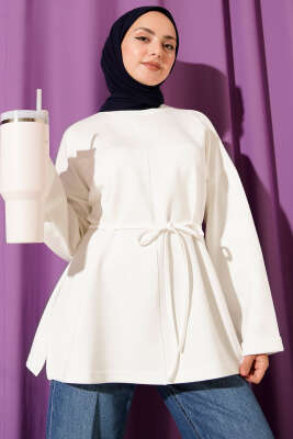 Pazarium - Bisiklet Yaka İp Kuşaklı Tunik Ekru