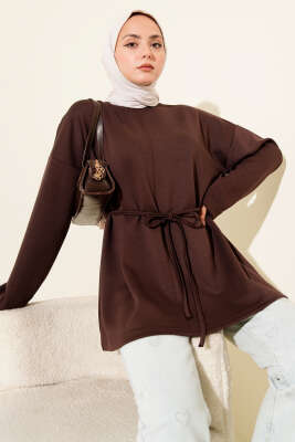 Pazarium - Bisiklet Yaka İp Kuşaklı Tunik Kahve