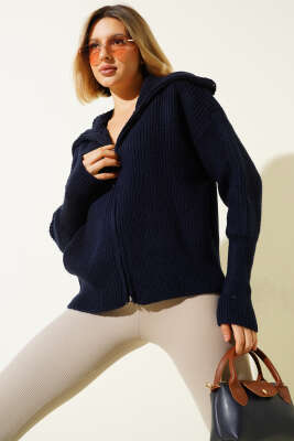 Fermuarlı Geniş Örgülü Hırka Lacivert - Thumbnail