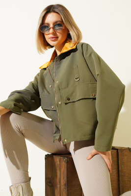 Pazarium - Kadife Yaka Çift Cepli Ceket Haki