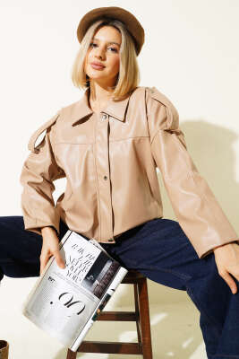 Pazarium - Deri Çıtçıtlı Fermuarlı Ceket Latte