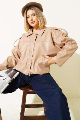 Deri Çıtçıtlı Fermuarlı Ceket Latte - Thumbnail