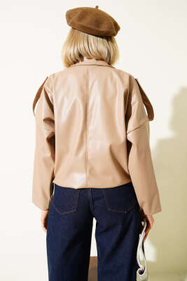 Deri Çıtçıtlı Fermuarlı Ceket Latte - Thumbnail