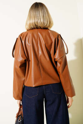 Deri Çıtçıtlı Fermuarlı Ceket Taba - Thumbnail