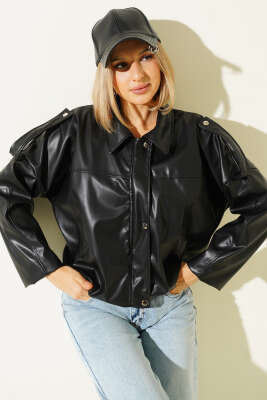 Pazarium - Deri Çıtçıtlı Fermuarlı Ceket Siyah