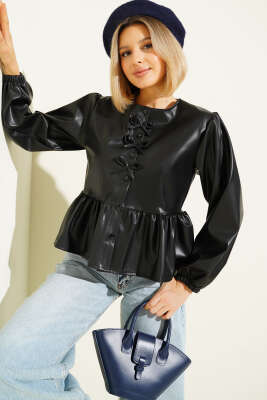 Pazarium - Fiyonk Detaylı Deri Ceket Siyah