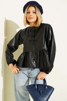 Fiyonk Detaylı Deri Ceket Siyah - Thumbnail