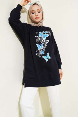 Pazarium - Kelebek Baskılı İki İplik Tunik Lacivert