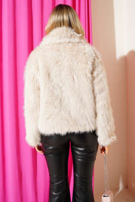 Kürklü Detaylı Salaş Mont Bej - Thumbnail