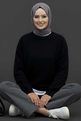 Pazarium - Bisiklet Yaka Basic Sakallı Kazak Siyah