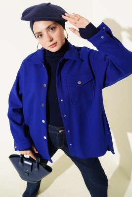 Pazarium - Çıtçıt Düğmeli Gömlek Yaka Kaşe Ceket Saks