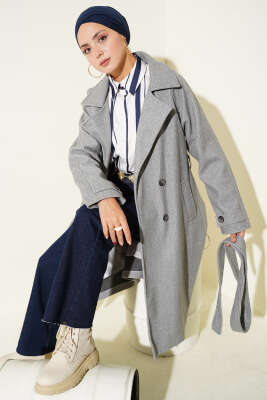 Pazarium - Tahta Düğmeli Kruvaze Yaka Kaşe Kaban Gri