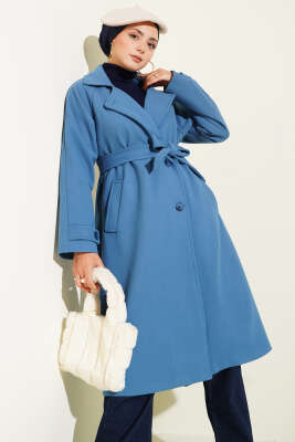 Pazarium - Tahta Düğmeli Kruvaze Yaka Kaşe Kaban Mavi