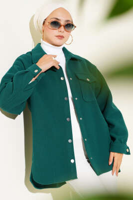 Pazarium - Çıtçıt Düğmeli Gömlek Yaka Kaşe Ceket Zümrüt