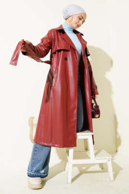 Pazarium - Tek Düğmeli Kuşaklı Deri Trençkot Bordo