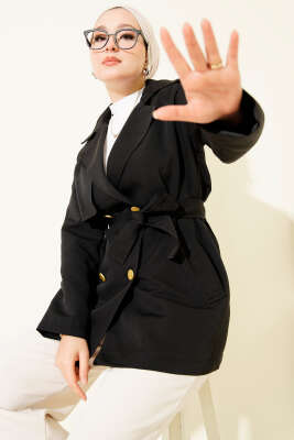 Pazarium - Tek Omuz Apoletli Düğmeli Trençkot Siyah