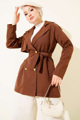 Pazarium - Tek Omuz Apoletli Düğmeli Trençkot Kahve