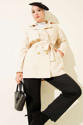 Pazarium - Tek Omuz Apoletli Düğmeli Trençkot Bej