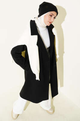 Pazarium - Tahta Düğmeli Kruvaze Yaka Kaşe Kaban Siyah