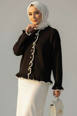 Pazarium - Fırfırlı İnci Düğmeli Triko Hırka Siyah