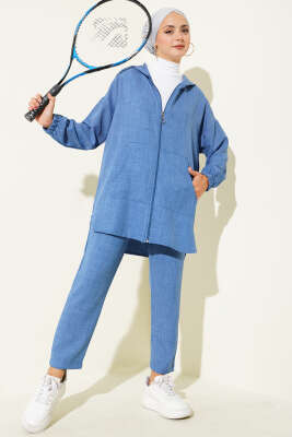Pazarium - Fermuarlı Kapüşonlu Basic İkili Takım İndigo