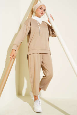 Pazarium - Kapşonlu Garnili İkili Takım Bej