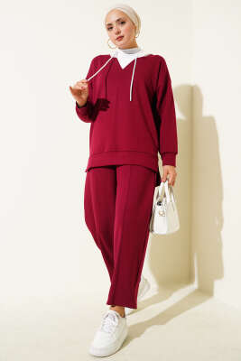 Pazarium - Kapşonlu Garnili İkili Takım Bordo