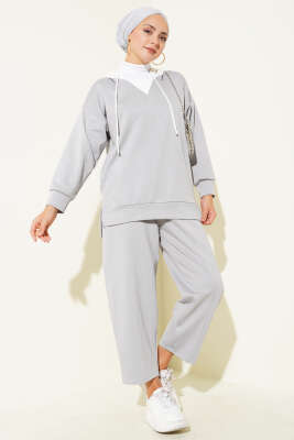 Pazarium - Kapşonlu Garnili İkili Takım Gri