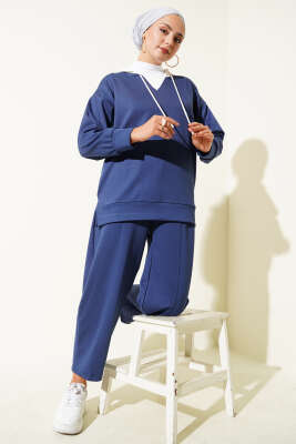 Pazarium - Kapşonlu Garnili İkili Takım Lacivert