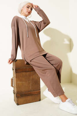 Pazarium - Kapşonlu Garnili İkili Takım Vizon