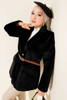 Pazarium - Tek Düğmeli Kemerli Sakallı Ceket Siyah