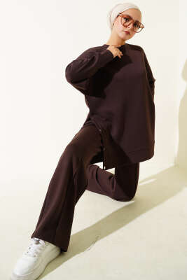 Pazarium - Bisiklet Yaka Yanları Metal Düğmeli İkili Takım Kahve