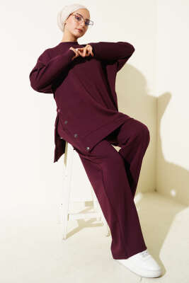 Pazarium - Bisiklet Yaka Yanları Metal Düğmeli İkili Takım Mürdüm