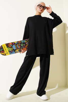 Pazarium - Bisiklet Yaka Yanları Metal Düğmeli İkili Takım Siyah