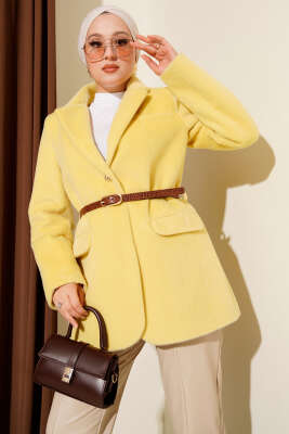 Pazarium - Tek Düğmeli Kemerli Sakallı Ceket Sarı