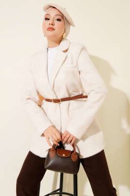 Pazarium - Tek Düğmeli Kemerli Sakallı Ceket Taş