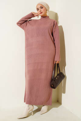 Pazarium - Dik Yaka Fitilli Triko Elbise Gül Kurusu