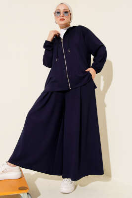 Pazarium - Loyşa Basic Fermuarlı Kapüşonlu İkili Takım Lacivert