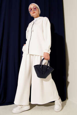 Pazarium - Loyşa Basic Fermuarlı Kapüşonlu İkili Takım Beyaz