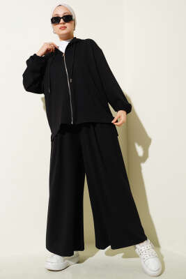 Pazarium - Loyşa Basic Fermuarlı Kapüşonlu İkili Takım Siyah