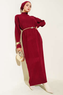 Pazarium - Dik Yaka Fitilli Triko Elbise Bordo